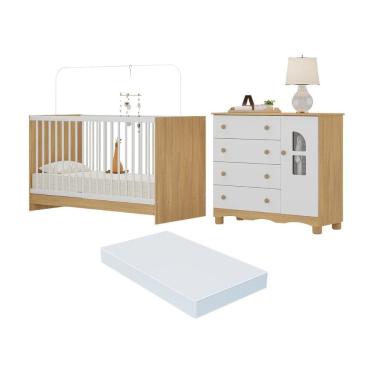 Imagem de Berço 3 em 1 com Colchão Incluso e Cômoda 1 Porta 4 Gavetas Aurora Multimóveis MP4770