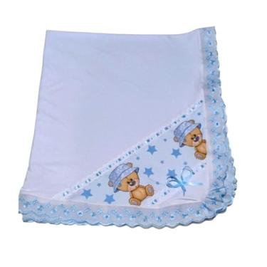 Imagem de Manta Cueiro Bebê Malha com Bordado Inglês, 100% Algodão, Estampa Digital, 80x90cm (Cor: Azul Bebê)