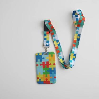 Imagem de Cordão Autismo Quebra Cabeça Porta Crachá Autista Cartão Identificação Personalizado Bilhete Único Escolar Trabalho (Quebra Cabeça verde)