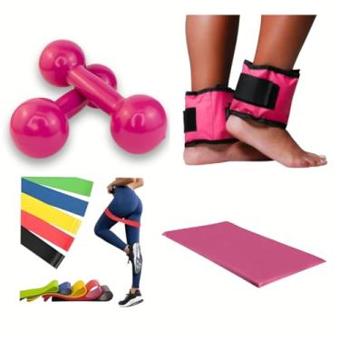 Imagem de Par Halter 02 Kg Rosa + Par Caneleiras 01 Kg, Colchonete Rosa, 5 Elásticos Multifuncionais