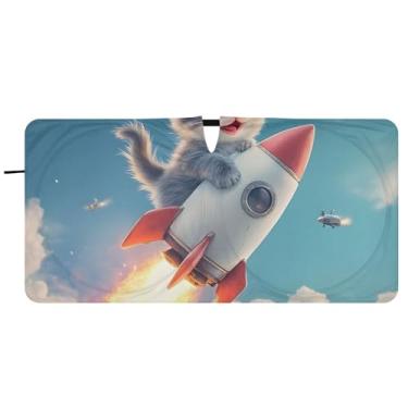 Imagem de Guarda-sol personalizado fofo gatinho foguete para para-brisa de carro capa de para-brisa automotiva animal dobrável engraçado protetor solar, 81 cm x 157 cm