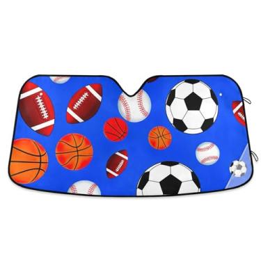 Imagem de Bolas esportivas bolas de futebol azul para-sol de carro para para-brisa bonito impressão dobrável capa de para-brisa automotiva protetor solar retrátil L, 144,8 cm x 80 cm
