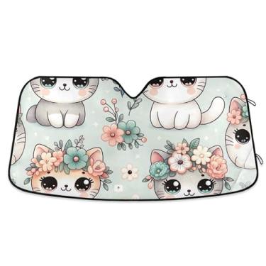 Imagem de Toldo de sol personalizado fofo de gato floral cinza para para-brisa de carro engraçado dobrável caminhão janela de carro para-brisa frontal retrátil M, 139,7 cm x 70,1 cm