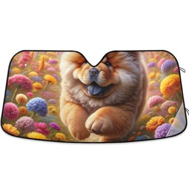 Imagem de Guarda-sol para cães Chow Chow Chow floral de mola personalizado para para-brisa de carro bonito universal dobrável acessórios de carro para-brisa proteção de para-sol M, 139,7 cm x 70,1 cm