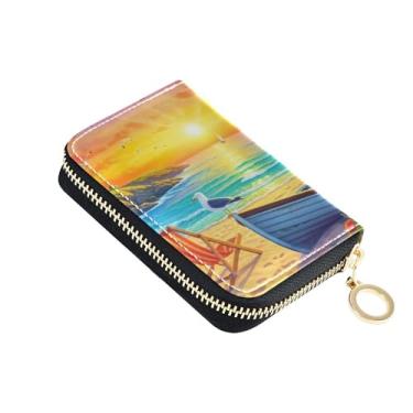 Imagem de Carteira feminina de couro azul marinho colorido com desenho animado com bloqueio de RFID, porta-cartões de crédito com zíper, porta-moedas com chaveiro