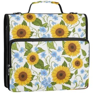 Imagem de 3 fichários de girassóis amarelos flores silvestres 3,8 cm anel d organizador de fichário com zíper bolsa escolar com alça de ombro pasta de armazenamento divertida com alça, 34,5 x 31,5 x 9 cm