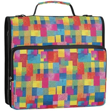 Imagem de Organizador de fichário com zíper, xadrez colorido, 3 cm, 3 anéis, bolsa de fichários escolares fofos, resistentes com alça de ombro, comporta 500 lençóis, 34,5 x 31,5 x 9 cm