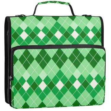 Imagem de Organizador de fichário com zíper para estudante, 3 fichários de 3,5 cm D para preparação de anel verde xadrez portfólio e estojo para pasta de anéis, bolsa de fichário de ensino médio com alça, 34,5