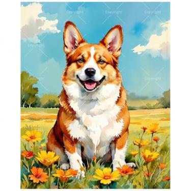 Imagem de Kit de pintura de cachorro por números para adultos - Corgi DIY com pintura de flores em tela, conjunto de tinta acrílica, adequado para iniciantes, arte animal para decoração de casa ou presentes