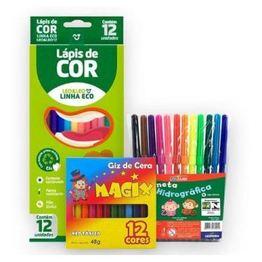 Imagem de Kit Lápis De Cor 12cores +12 Canetinhas  +12 Giz Escolar - KITESCOLAR