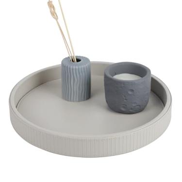 Imagem de HofferRuffer Bandeja decorativa redonda, decoração de bandeja de couro sintético, decorativa para perfume, manobrista de banheiro, mesa de cabeceira ou cômoda, 30 x 30 x 4 cm (listra cinza)