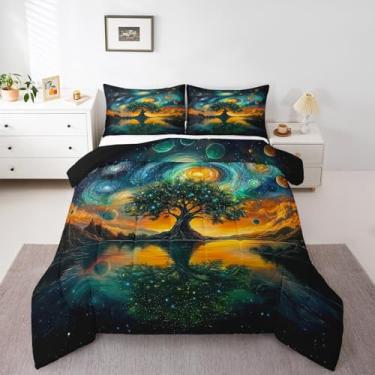 Imagem de Erosebridal Conjunto de edredom Queen com árvore de galáxia, planeta do espaço sideral, para crianças, meninos, meninas, universo abstrato, noite estrelada, natureza, conjunto de edredom com 3 peças