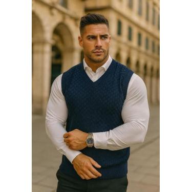 Imagem de Colete masculino quadradinho tricot la - Generica, Azul, u