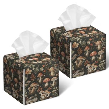 Imagem de Capa de caixa de lenços de cogumelo vintage, 2 peças, suporte de caixa de lenços de papel facial quadrada para banheiro, quarto, mesa, escritório