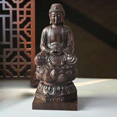 Imagem de FENNYYAR Estatueta de escultura em madeira, estátua de Buda Budista Tathagata, 12 cm 12 cm, artesanato de adoração de templo, ornamentos de decoração de sala de estar