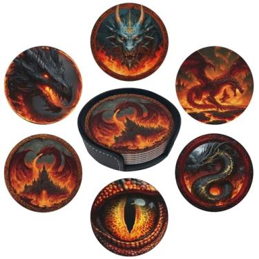 Imagem de sunwarshile Porta-copos para bebidas com suporte de porta-copos redondos de couro, conjunto de 6 xícaras, canecas, tapete para bar de cozinha em casa (dragão)