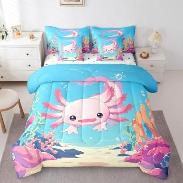 Imagem de Erosebridal Jogo de cama solteiro de desenho animado axolotl, cama colorida de vida marinha em uma bolsa, conjunto de edredom com axolote rosa com lençóis, animais marinhos engraçados, 7 peças