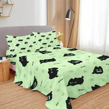 Imagem de SNcek Jogo de lençol casal infantil de gato preto, macio e respirável, microfibra verde, lençol de cima com elástico e fronhas