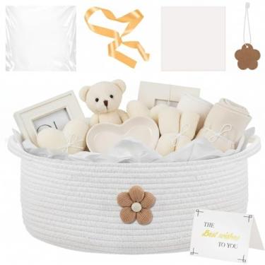 Imagem de Colingmill Cesta de presente vazia com saco de presente, fita, papel de seda, cartão, etiqueta, cesta de algodão de 35,5 x 25,4 x 14 cm, armazenamento decorativo para organizador, presentes, chá de