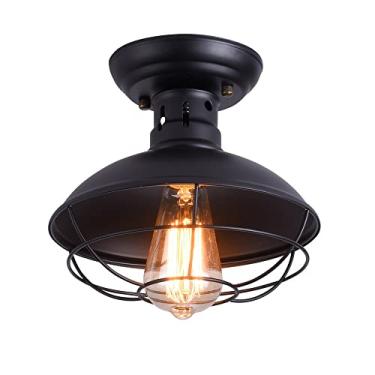 Imagem de Luminária de teto industrial semi-embutida com cúpula, estilo lustre, com estrutura de arame de ferro, iluminação rústica para corredor, luminárias pendentes vintage (preta)