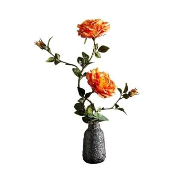 Imagem de Flores falsas de alta qualidade simulação de arranjos de flores decoração de mesa centro de mesa rosas buquê de flores falsas com decoração de vaso de cerâmica (laranja)