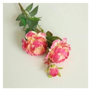 Imagem de KEG801302 Buquê de flores falsas simulação de rosas seda artificial 3 cabeças peônia buquê de noiva arranjo de flores rosa decoração de festa de casamento (rosa vermelha)