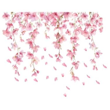 Imagem de Achang Adesivos de parede de plantas, pétalas e ramos cor-de-rosa, decoração de janela de vidro, descasque e cole para sala de estar, quarto, TV, parede, sala de aula, decoração