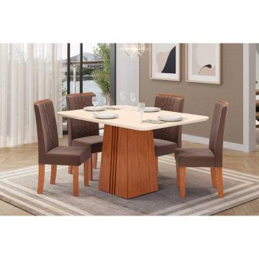 Imagem de Conjunto: Mesa Sala Jantar Italia c/ Tampo Madeirado c/ Vidro 120x90cm e 4 Cadeiras Zoe Freijo/Off White - Suede Moca - DJ Móveis