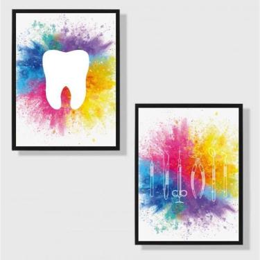 Imagem de Kit 2 Quadros Para Dentista Aquarela 33X24Cm Madeira Preta