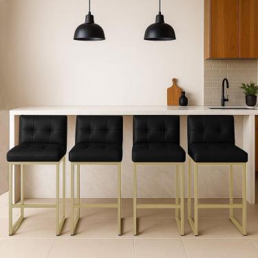 Imagem de Banqueta Cozinha Alta Com Encosto Industrial Kit 4 Champanhe Lirina Pu Preto C05 - D`rossi