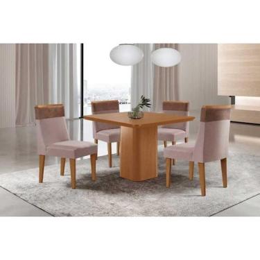 Imagem de Sala Jantar Mesa Maldivas Tampo Curvo 90cm+4 Cadeiras Jaspe Madeira Na