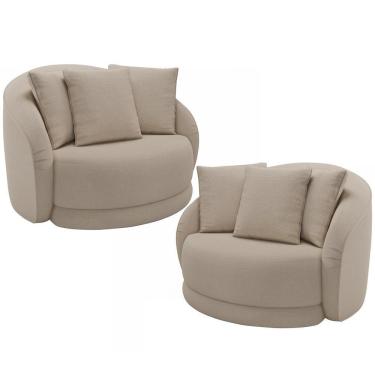 Imagem de Kit 02 Poltronas Decorativa Para Sala De Estar Base Giratória Witta M03 Linho Cru - Lyam Decor