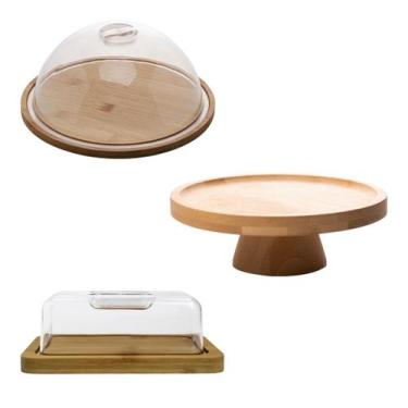 Imagem de Jogo Decorado Bambu Marrom Porta Queijo Boleira Manteigueira - Lyor