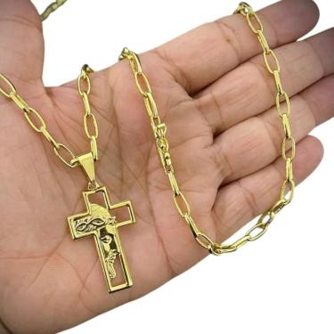 Imagem de Cordão 5Mm Meia Cana + Pingente Cruz Face - Banhado A Ouro
