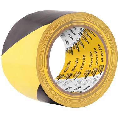 Imagem de Fita Demarcação Adesiva 100mm X 30m Zebrada Vonder Sinalização Preta E Amarela Isolamento Segurança