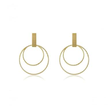 Imagem de Brinco Com Fio Grosso E Dois Círculos Banhado Em Ouro 18k [f027]