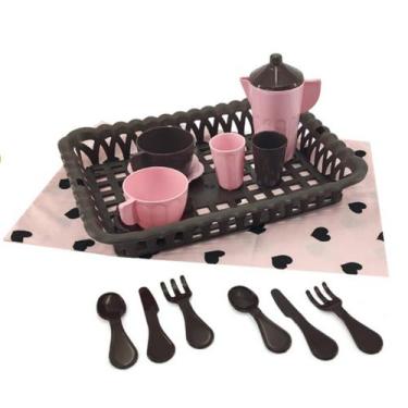 Imagem de Cesta Piquenique Infantil Divertida Com 16 Peças Marrom e Rosa Simo To
