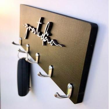 Imagem de Porta Chave Parede MDF 5 Ganchos Gratidão Home Alto Relevo Sem Furar D