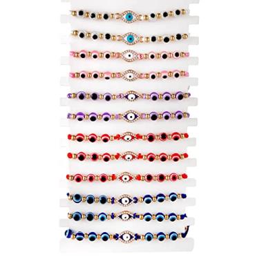 Imagem de Conjunto de 12 peças de pulseiras de mau olhado coloridas ajustáveis de mau olhado pulseiras mal de ojo Tornozeleira da sorte para mulheres e meninos, 11 inches, Sem pedras preciosas,