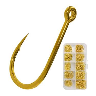 Imagem de KIZQYN Ganchos de pesca conjunto de ganchos de pesca de aço de alto carbono isca afiada anzol para água salgada água doce com caixa de plástico 10 tamanhos 500 peças acessórios de pesca (cor: ouro)