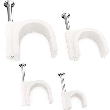 Imagem de Prendedores de cabo de grau profissional com pregos de aço de 6 mm, 8 mm, 10 mm, 12 mm, 12 mm, 100 mm cada. Clipes de plástico duráveis e resistentes a UV organizam cabos coaxiais, Ethernet, Cat5, Cat6 e outros