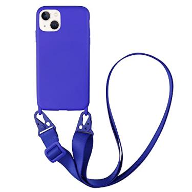 Imagem de CQUUKOI Compatível com iPhone 14, capa de telefone transversal com cordão, capa fofa de silicone macio com alça de ombro ajustável, protetor à prova de choque compatível com mulheres meninas azul
