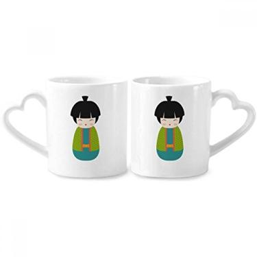Imagem de Conjunto de canecas de porcelana de casal japonês, arte de boneca, quimono, verde, coração