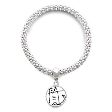 Imagem de DIYthinker Pulseira com pingente de prata Cat Smile Sit Black Line Corrente ajustável