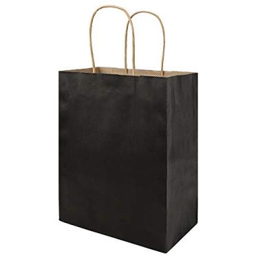 Imagem de Sacos de papel Kraft preto médio com alças grandes, sacos de presente Bagmad 8x4,75x10 polegadas pacote com 100 peças, sacos de festa de casamento para compras artesanais (preto, 100 peças)