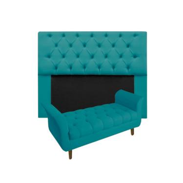 Imagem de Conjunto Cabeceira Mirage Com Recamier Grécia Queen 160 cm Suede Azul Turquesa - LM DECOR