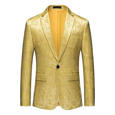Imagem de Jaqueta de smoking masculina, blazer com um botão, casacos esportivos elásticos, terno formal de trabalho, escritório, amarelo, G (busto: 98 cm)