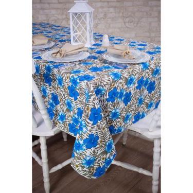 Imagem de Toalha De Mesa Retangular Em Tecido Jacquard Estampado Hibisco Azul Fu