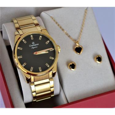 Imagem de Relogio Champion Dourado Feminino Visor Preto Cn27590u + Semi Joia