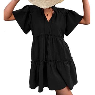 Imagem de Vestido Curto, Babado Cor Lisa Feminino Vestido Curto Casual Respirável Uma Linha Solta para Escola para Férias para Festa de Primavera (M)
